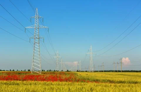 High-voltage power lines in the fields of Crimea 스톡 사진