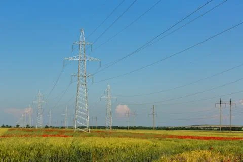 High-voltage power lines in the fields of Crimea 스톡 사진