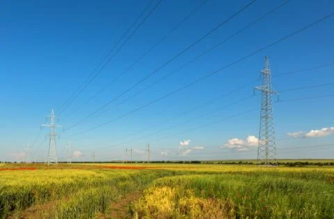 High-voltage power lines in the fields of Crimea Stock-Fotos