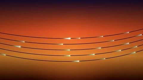 High Voltage Power Lines with Glowing Blue Energy Streams Against Fiery Ora.. Видео 345981828