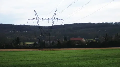 High voltage power lines leading through French countryside Stock Footage 157007524