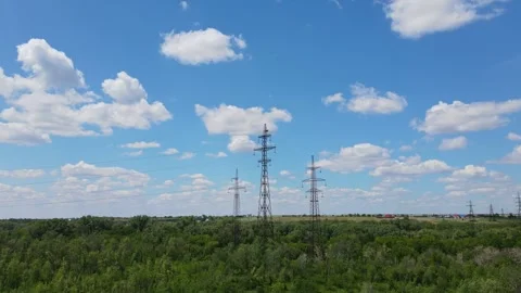 High-voltage power lines over the forest early morning. Blue cloudy sky Stock Footage 241504143