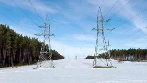 High-voltage power lines over a snow-covered field near a pine forest Vídeo Stock 330405581