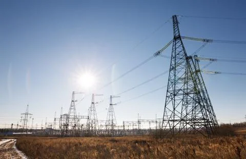 High voltage power lines Stock Photos