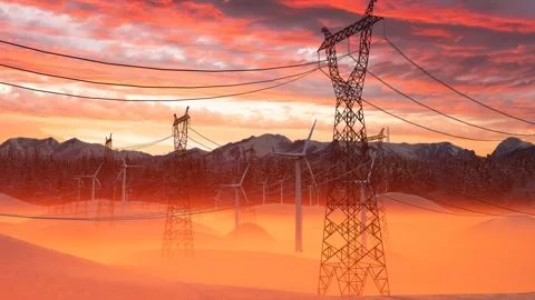 High-voltage power lines standing tall in the desert. Stock Footage 340250155