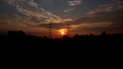 High Voltage Power Lines At Sunrise Video stock 62822986