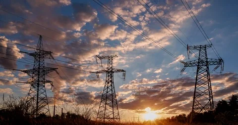 High-voltage power lines at sunset. electricity distribution station . Stock Footage 91376665