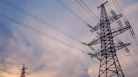 High-voltage power lines at sunset. electricity distribution station . Stock Footage 91376666
