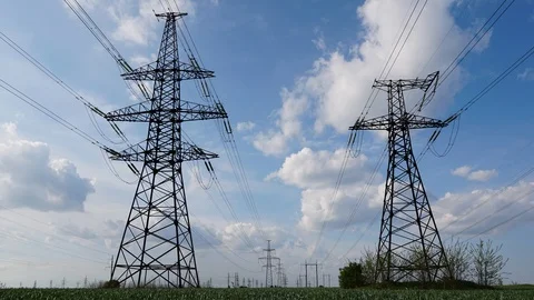 High-voltage power lines at sunset. electricity distribution station. high volta Stock Footage 107648938