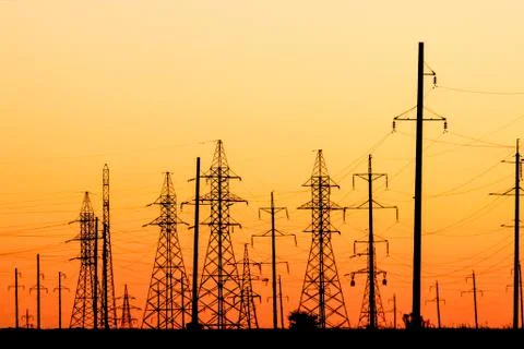 High voltage power lines at sunset Stock Photos