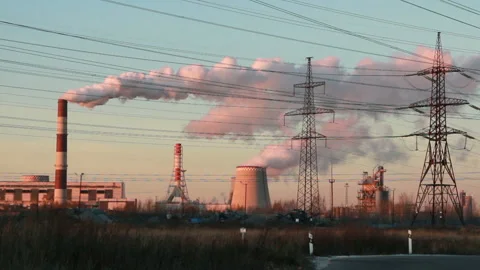 High-voltage power lines thermal power plants Stock Footage 99051021