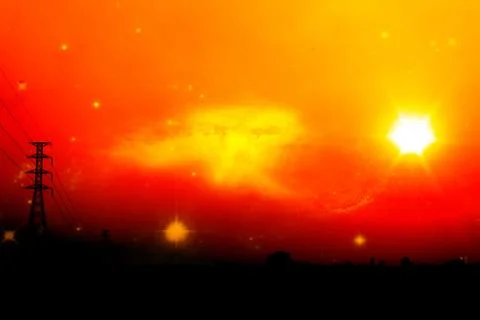 High voltage power pole middle of a cornfield with orange sky and galaxy Stock Photos