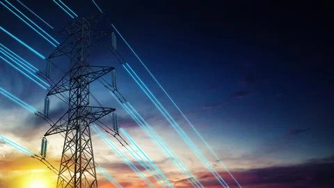 High-voltage power pylon with glowing blue digital light beams representing.. Stock Photos