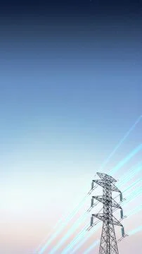 High-voltage power pylon with glowing blue digital light beams representing.. Stock Photos
