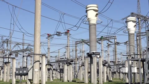 High voltage power station. Transformation station and electric power plant Stock Footage 199246778