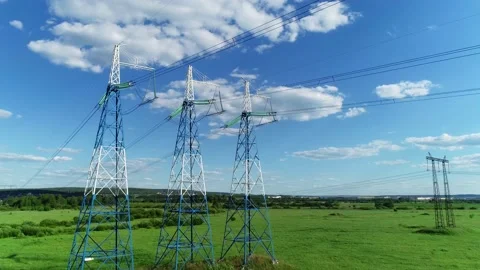 High voltage power station. View from flying drone. Wide angle, high voltage Stockbeeldmateriaal 159249145