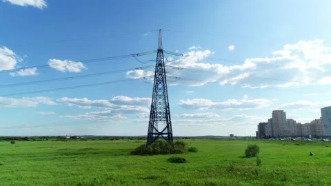 High voltage power station. View from flying drone. Wide angle, high voltage Video stock 159344842
