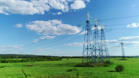 High voltage power station. View from flying drone. Wide angle, high voltage Stockbeeldmateriaal 159421182
