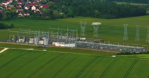 High voltage power station. View from flying drone. Wide angle, high voltage Stock Footage 243180828