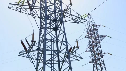 High voltage power tower with lines installing on high electric post Stock Footage 262728331