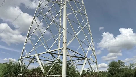 High Voltage Power Tower with Scenic Blue Sky and Clouds on Background Stock Footage 141383772
