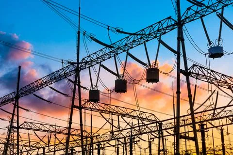 High voltage power tower in substation. Stock Photos