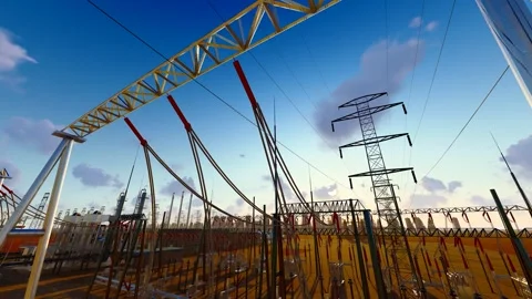 High voltage power towers and substations at sunset Stock Footage 280724945