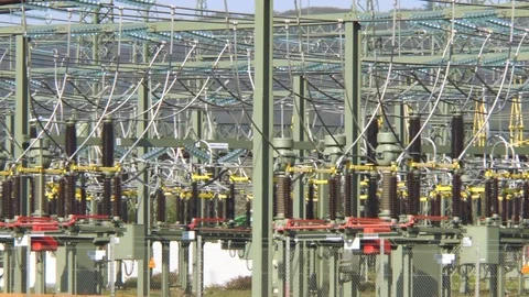 High voltage power transformation station - close-up Stock Footage