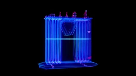 High voltage power transformer. Glowing blue light 3d model energy substation Stock Footage 275645142