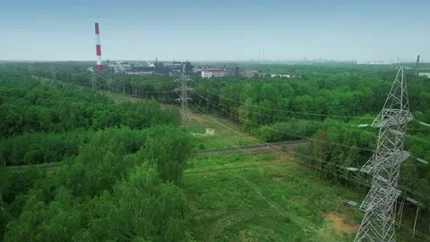High-voltage power transmission lines tower on a dirty coal-fired, carbon Stock Footage 159397185