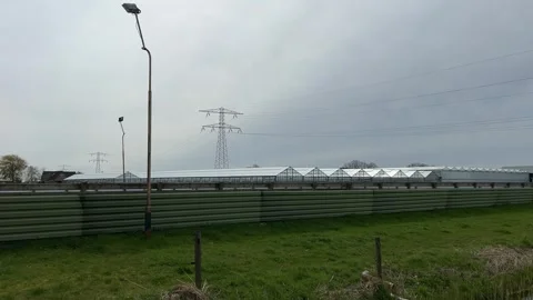High-voltage powerlines stretching across modern Dutch farmland with green .. Stock Footage 334078478