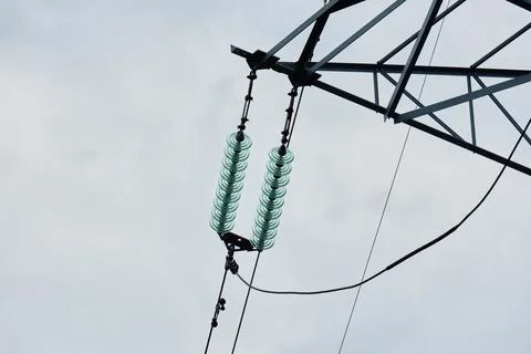 High Voltage Pylon Top Section with Insulator Strings 스톡 사진