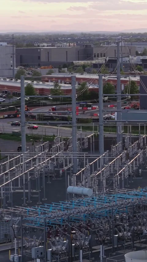 A high voltage substation feeds a data center campus in Ashburn, Virginia Stock Footage 345728143