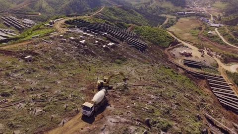 High Voltage Substation Under Construction with Solar Panels on Hillside Video stock 344439986