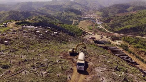 High Voltage Substation Under Construction with Solar Panels on Hillside 스톡 동영상 344440129