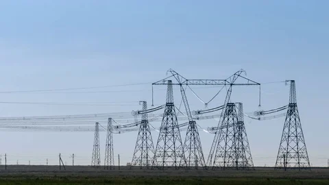 A high voltage substations, in the sunset. Transmission power lines. Heat haze Video stock 75630563