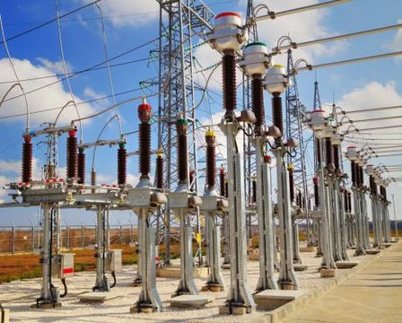 High voltage switchyard in electrical substation Stock Photos