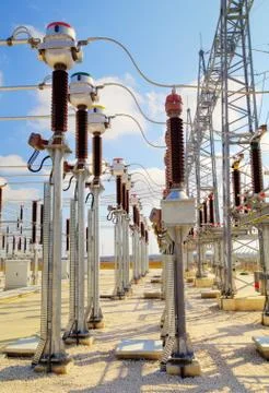High voltage switchyard in electrical substation Stock Photos