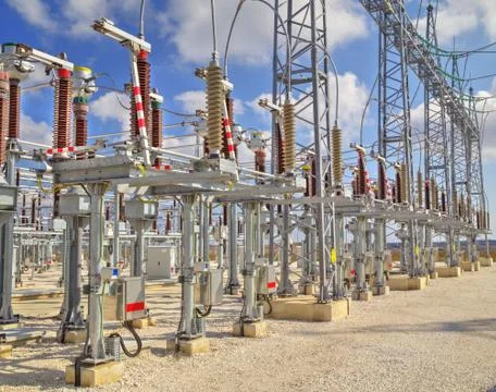 High voltage switchyard in electrical substation Stock Photos