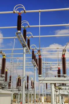 High voltage switchyard in electrical substation Stock Photos