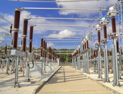 High voltage switchyard in electrical substation Stock Photos