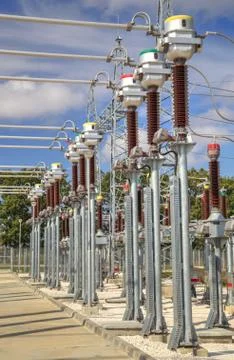 High voltage switchyard in electrical substation Stock Photos