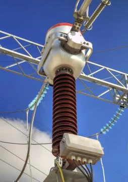 High voltage switchyard in electrical substation Stock Photos