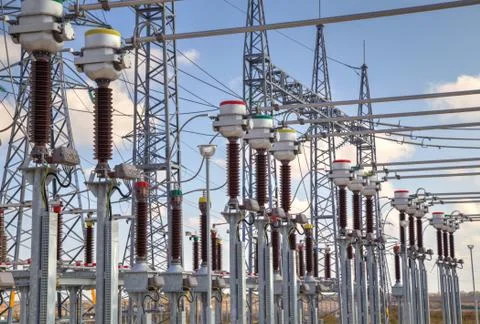 High voltage switchyard in electrical substation Stock Photos