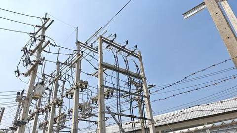 High voltage temporary pole-mounted electrical substation with automatic. Stock Photos
