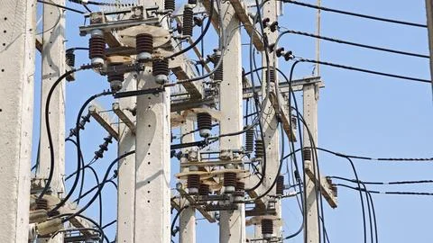 High voltage temporary pole-mounted electrical substation with automatic. Stock Photos