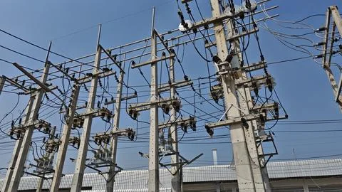 High voltage temporary pole-mounted electrical substation with automatic. Stock Photos