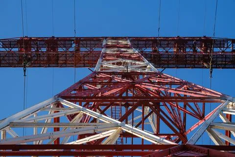 High voltage tower below. concept of high voltage construction. high voltage Photos