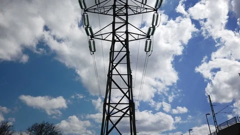 High voltage tower with sky background. Electrical tower Stock Footage 107392689