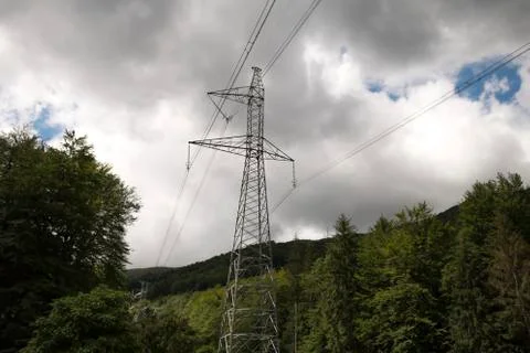 High-voltage tower sky background. Stock Photos